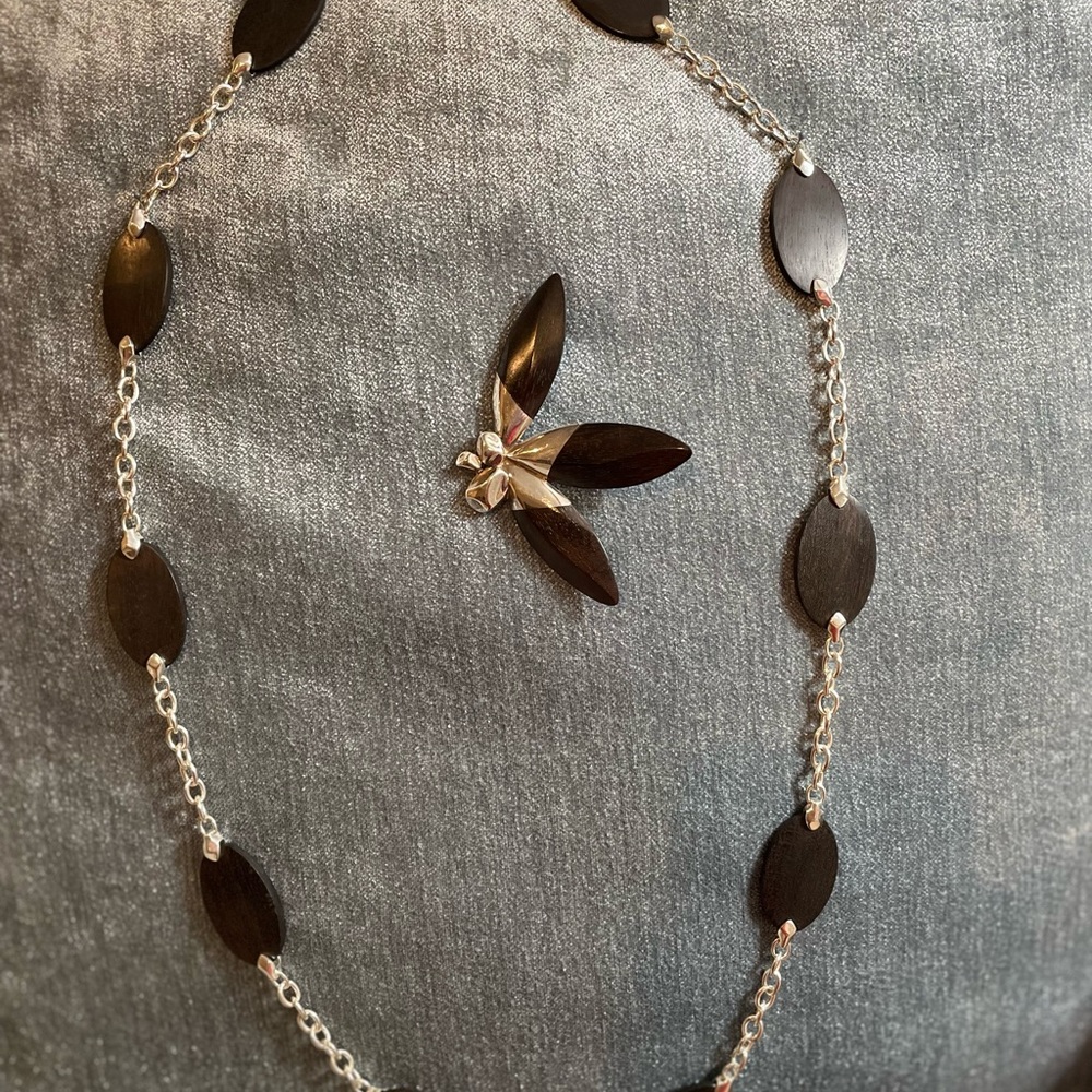 Necklace sterling and wood  wood pieces 1.5 x 2”   pin 3.75” long 2.75 w